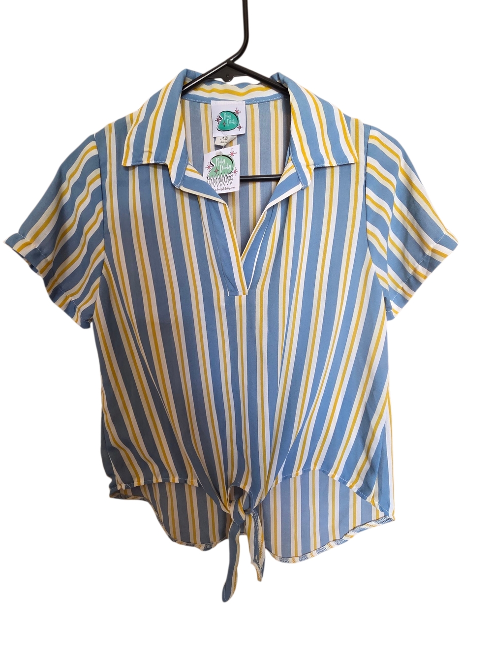 Retro Striped Tie-Front Short Sleeve Top - Blue/Yellow Rockabilly